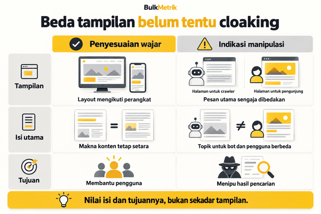 Perbandingan penyesuaian tampilan website yang wajar dengan indikasi cloaking yang memanipulasi isi untuk bot dan pengguna