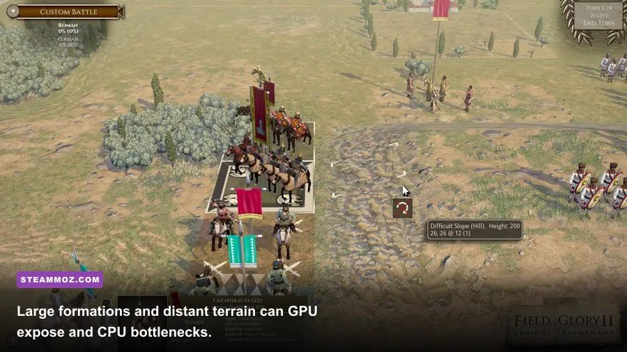 Roman and Carthaginian-style formations facing each other in a Fields of Glory II battle