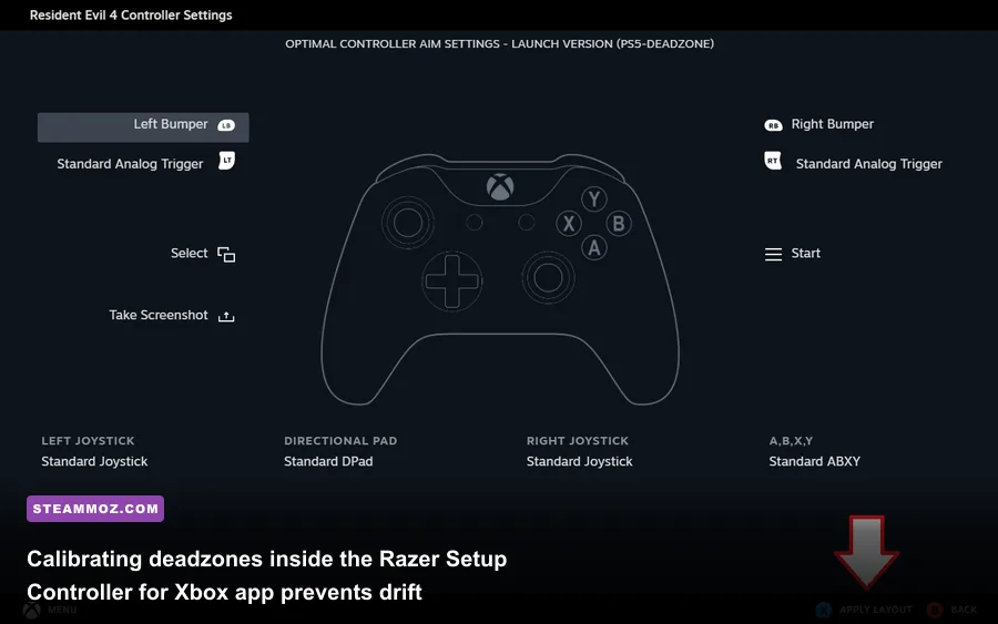 Razer Controller Setup For Xbox software menu showing deadzone settings