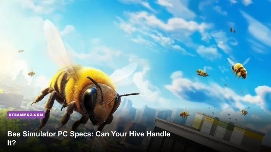 Bee Simulator honeybee flying above the city in a detailed open-world environment