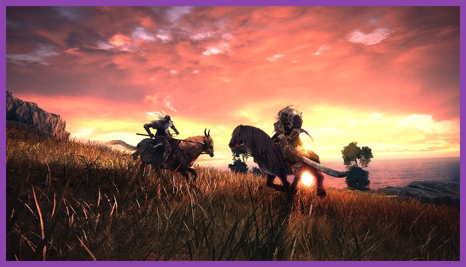 Tarnished riding spectral steed Torrent across a scenic hill in Elden Ring
