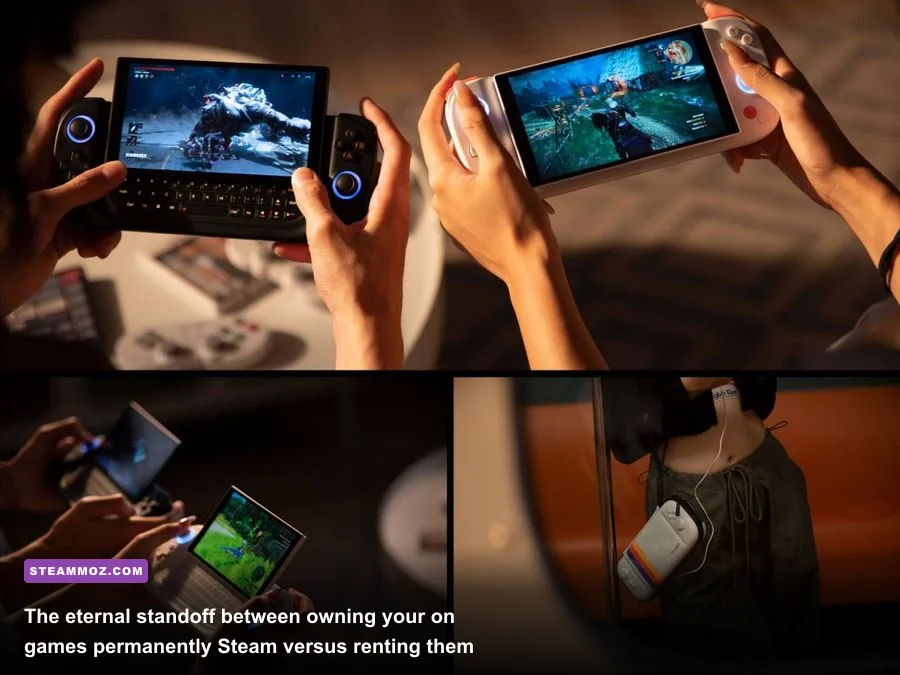 Desktop PC monitor and handheld device side by side running digital game libraries
