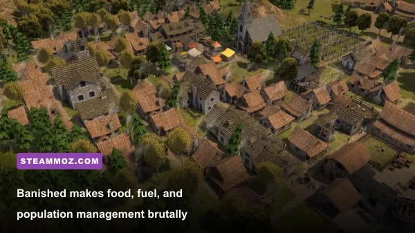 A Banished village surviving winter beside a forest and river