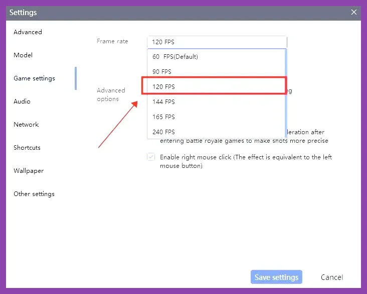 LDPlayer high FPS display settings panel