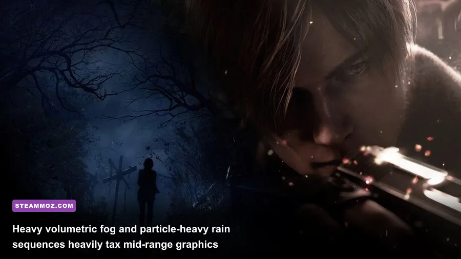 Leon walking through dark misty woods in Resident Evil 4 remake