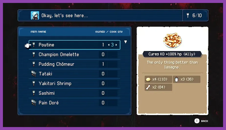Sea of Stars cooking menu showing recipes and prepared meals