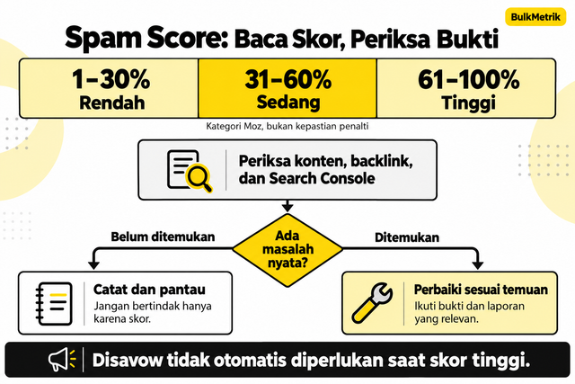 Peta keputusan membaca kategori Spam Score dan menentukan tindakan berdasarkan pemeriksaan konten, backlink, serta Search Console