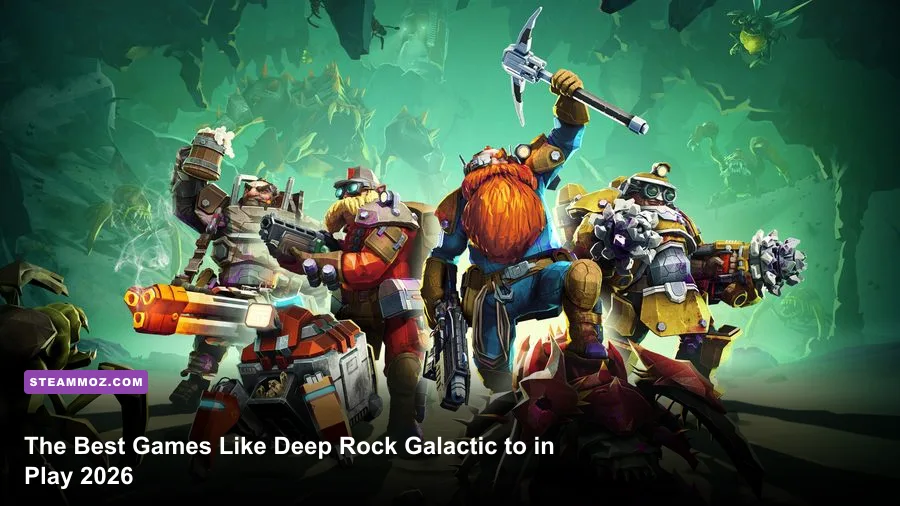Four dwarves fighting aliens in a glowing cave in Deep Rock Galactic