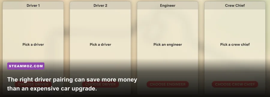 Golden Lap driver management screen showing driver contracts and performance choices