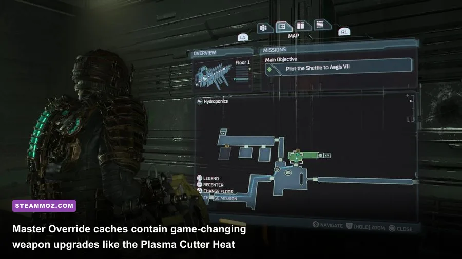 Isaac Clarke standing in front of a Master Override security terminal inside the USG Ishimura
