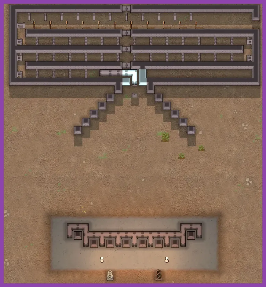 RimWorld killbox defense setup with turrets and traps