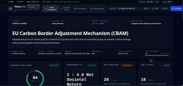 PolicyPulse policy stress-testing sandbox interface — prototype screenshot