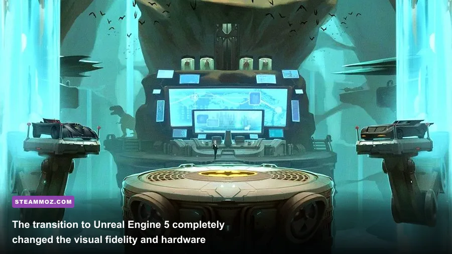 MultiVersus Batcave stage showcasing dynamic shadows and particle lighting effects