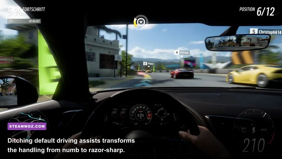 Cockpit driving view inside a modern sports car in Forza Horizon 5