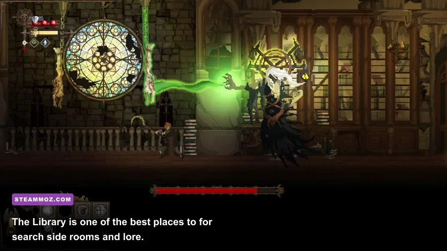 Dark Devotion Library location filled with shelves and dark corridors
