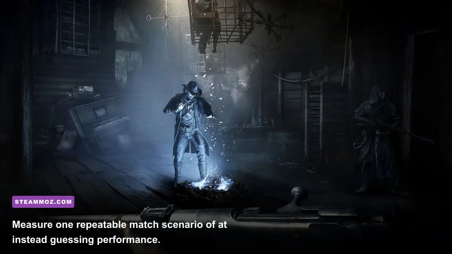 Hunt Showdown 1896 gameplay with an FPS and frametime monitoring overlay