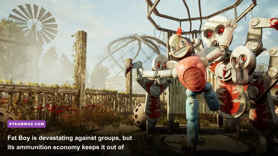 Atomic Heart Fat Boy rocket launcher exploding near a large robot enemy