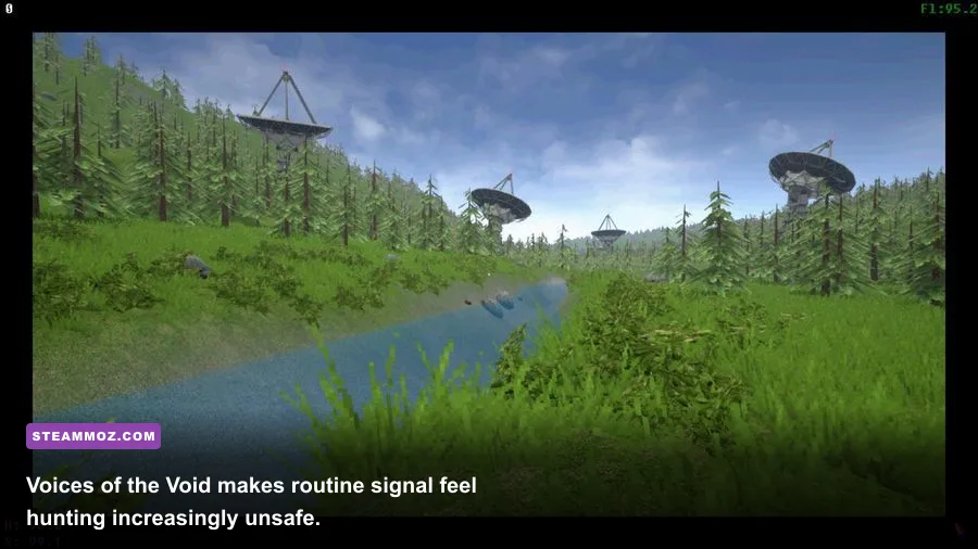 Voices of the Void radio telescope station surrounded by a dark forest