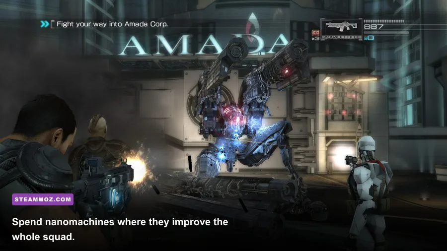 Binary Domain weapon upgrade and skill menu showing nanomachine purchases