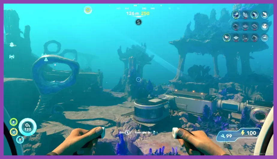 Subnautica 2 alien ruins beneath the ocean with illuminated technology