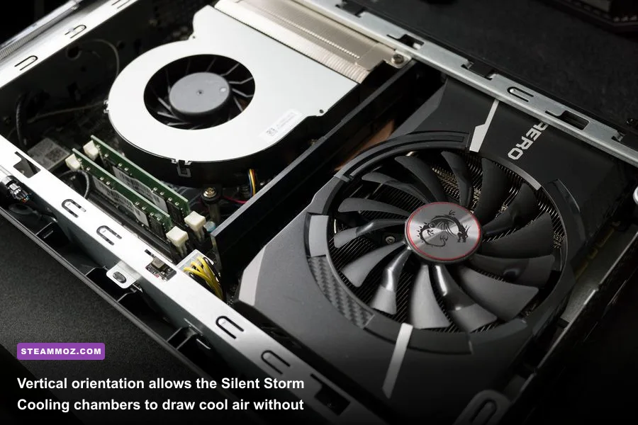 Close up shot of the side ventilation grills and vertical stand of an MSI Trident