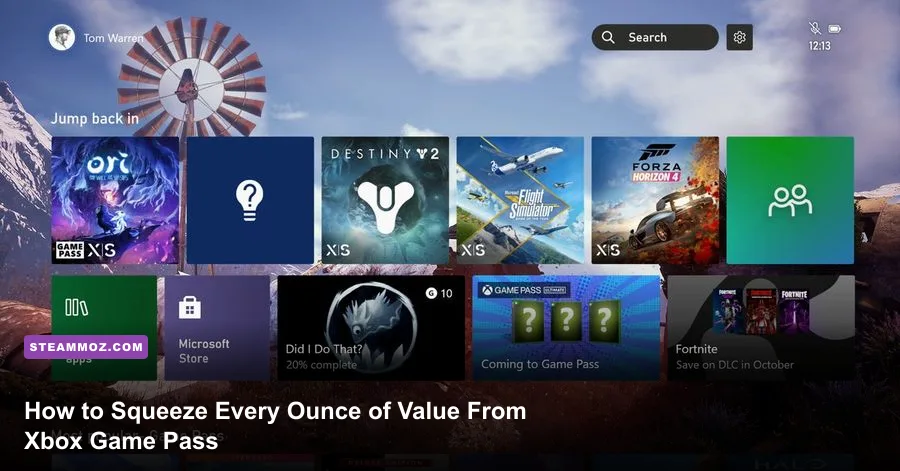 Xbox Game Pass dashboard interface on screen with Xbox Wireless Controller