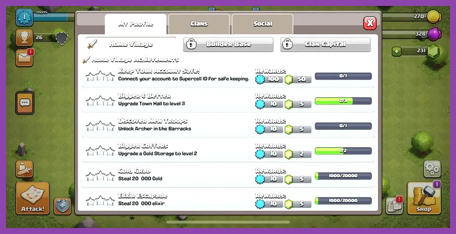 Achievements list in Clash of Clans showing gem bounties
