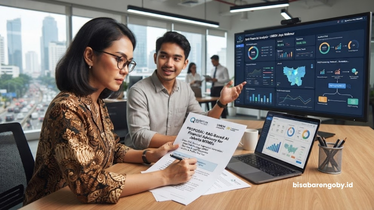Manajer keuangan meninjau proposal konsultan AI Finance untuk UMKM di Jakarta berbasis RAG
