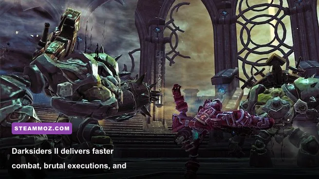 Death wielding twin scythes in a gothic dungeon in Darksiders II