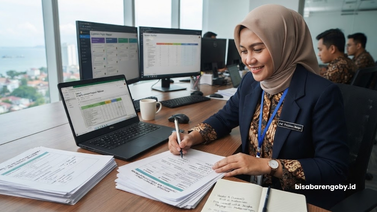 Manajer pengadaan menyeleksi dokumen proposal saat mengevaluasi vendor website ecommerce untuk perusahaan di Makassar berbasis Laravel