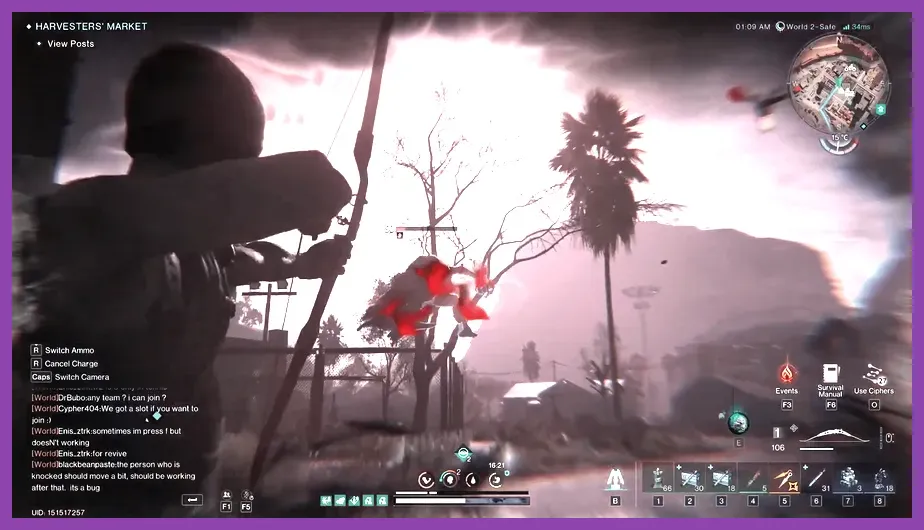 A player aiming down sight with a Recurve Bow targeting an elite enemy to apply the Bull's Eye debuff.