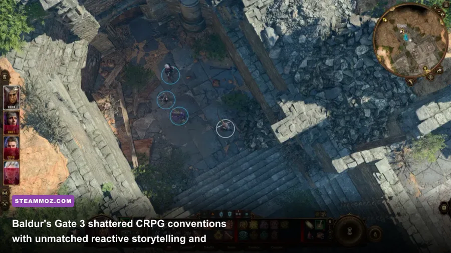 Tactical turn-based party combat in Baldur's Gate 3 showing spell effects and environmental hazards