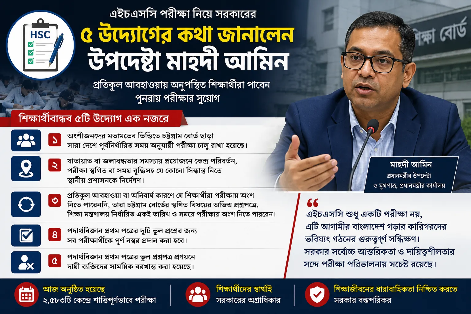 এইচএসসি পরীক্ষা ঘিরে সংকট: শিক্ষার্থীদের জন্য সরকারের ৫ উদ্যোগ ঘোষণা, অনুপস্থিতদের পুনরায় পরীক্ষার সুযোগ এইচএসসি পরীক্ষা ঘিরে সংকট: শিক্ষার্থীদের জন্য সরকারের ৫ উদ্যোগ ঘোষণা, অনুপস্থিতদের পুনরায় পরীক্ষার সুযোগ