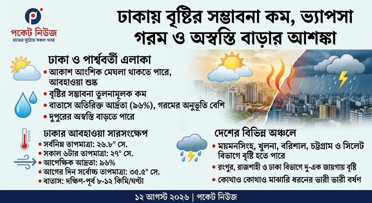 ঢাকায় বৃষ্টির সম্ভাবনা কম, ভ্যাপসা গরমে বাড়তে পারে অস্বস্তি ঢাকায় বৃষ্টির সম্ভাবনা কম, ভ্যাপসা গরমে বাড়তে পারে অস্বস্তি