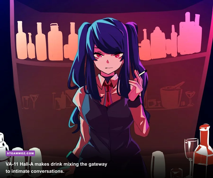 VA-11 Hall-A bartender Jill serving drinks in a cyberpunk bar