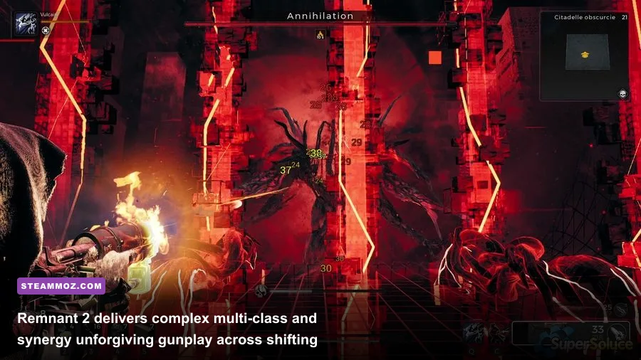 Remnant 2 player character aiming weapon during the intense Annihilation boss fight on Root Earth