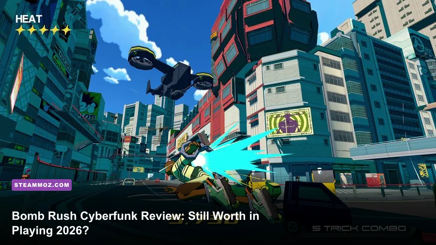 Bomb Rush Cyberfunk character skating through a neon graffiti-covered city