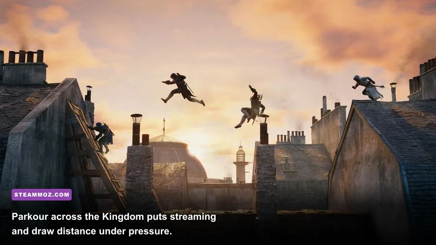 Altaïr performing parkour across rooftops in the Kingdom