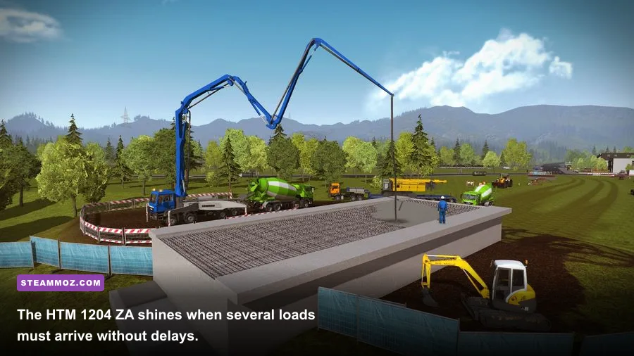 Liebherr concrete mixer supporting a foundation pour in Construction Simulator 2015