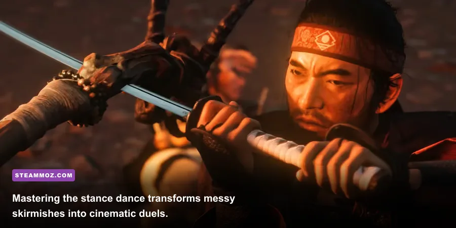 Jin Sakai executing a perfect parry counter on a Mongol commander in Ghost of Tsushima