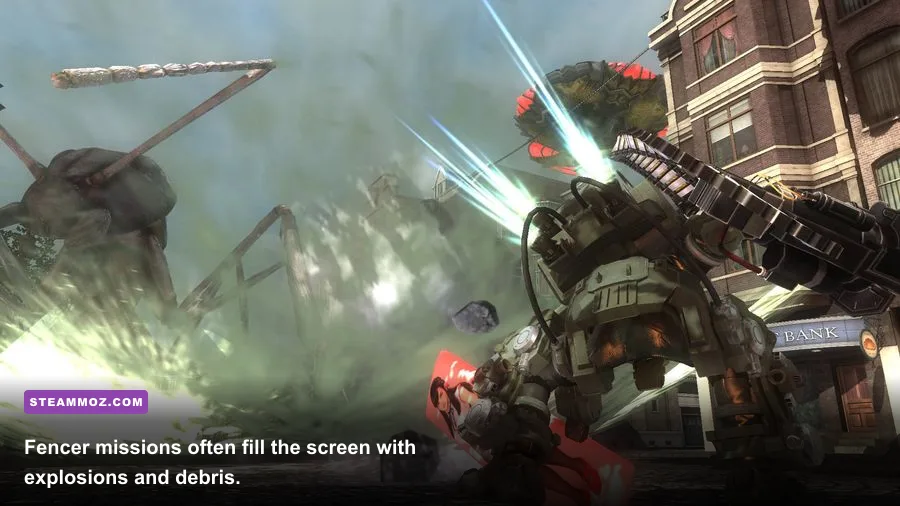 Earth Defense Force 5 Fencer in heavy armor using dual weapons during a battle
