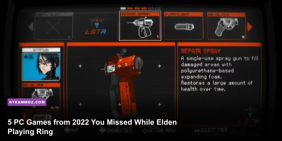 Signalis gameplay showcasing retro survival horror inventory management and sci-fi aesthetic