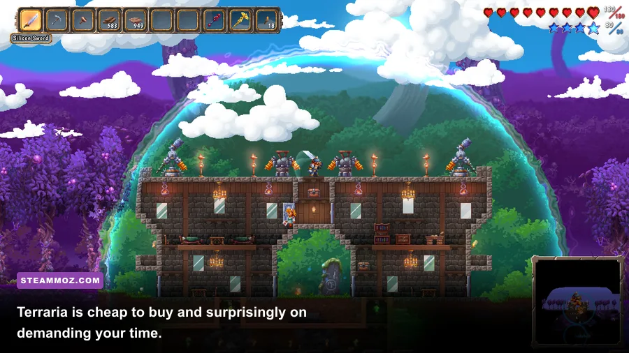 Terraria players building a base with NPC houses and crafting stations