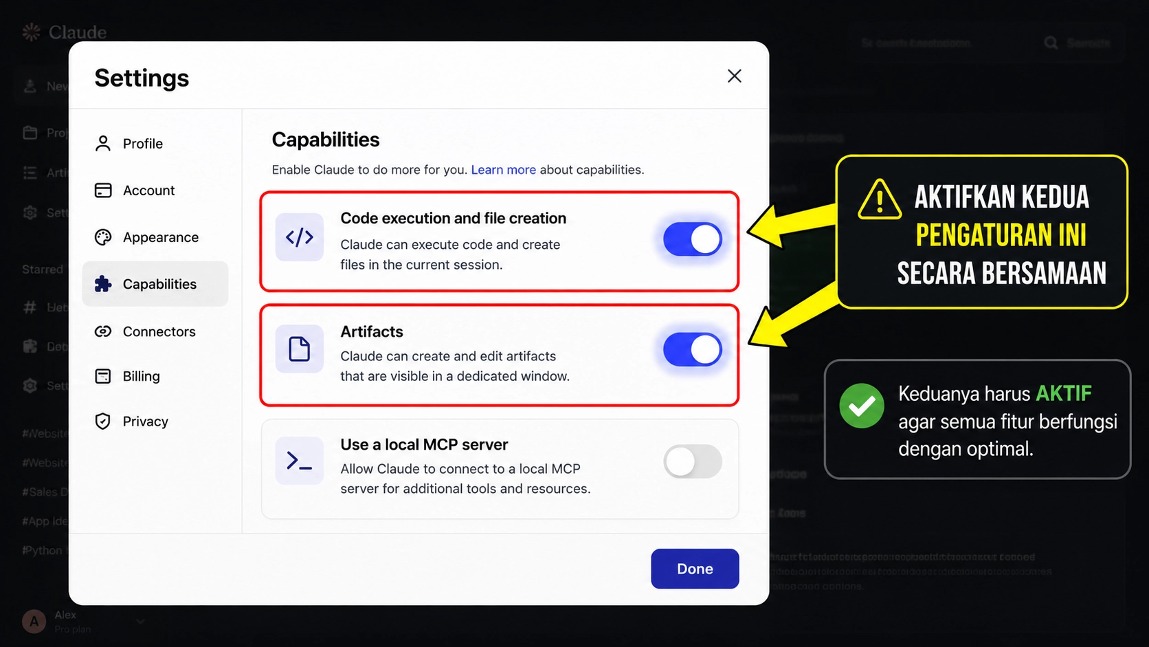 Claude設定画面 Capabilitiesで Artifactsとコード実行をオンにする手順のスクリーンショット