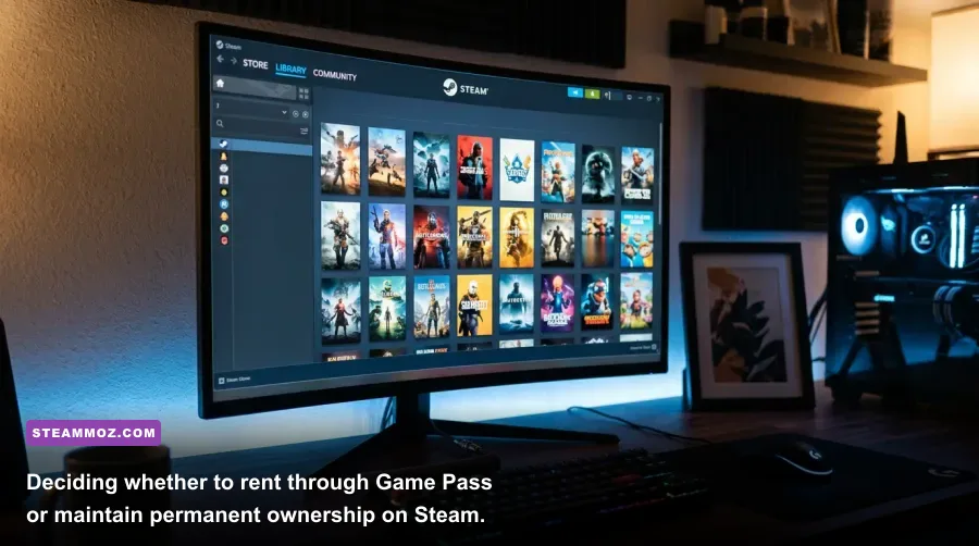 Steam library UI running on a high-end ultrawide PC gaming monitor