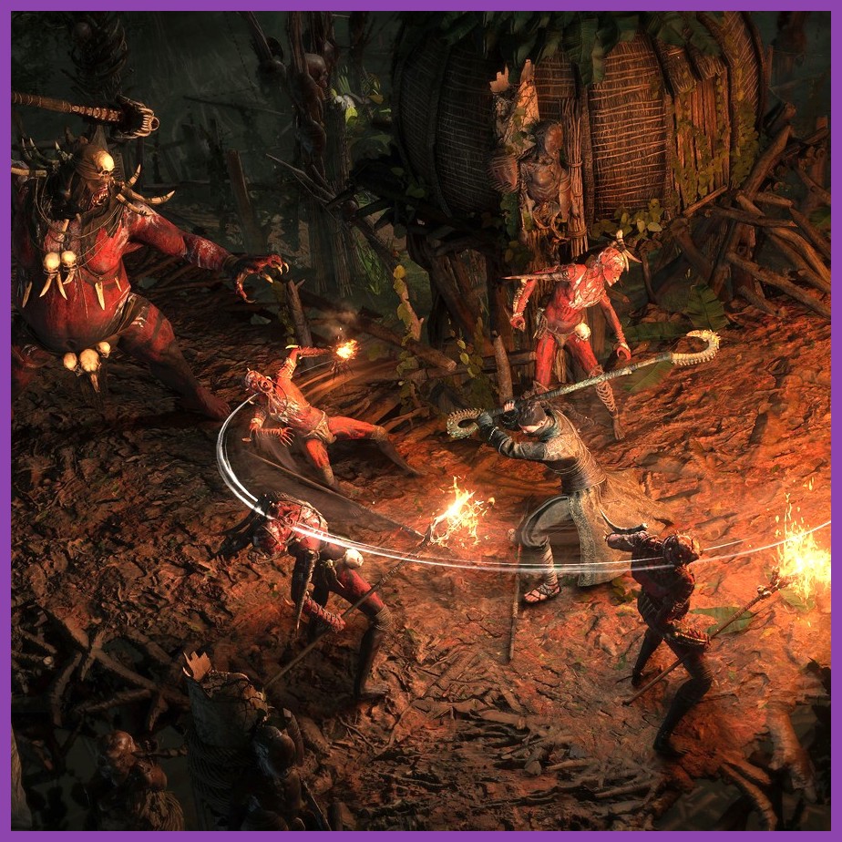 Player character battling horde of magic mobs in Path of Exile 2 campaign