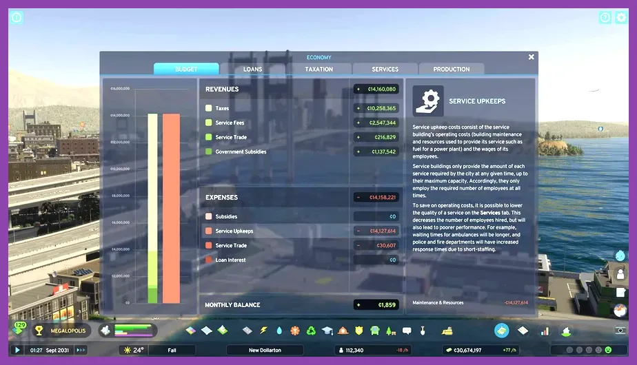 Economy and taxation panel in Cities Skylines 2