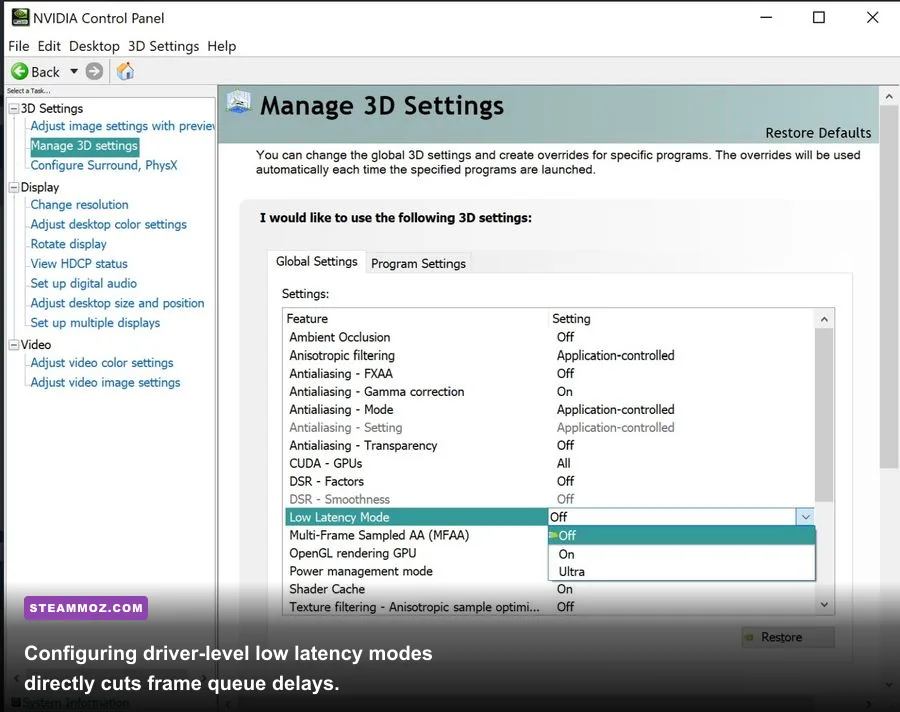 NVIDIA Control Panel 3D settings menu configuring Low Latency Mode to Ultra