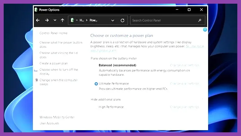 Windows Power Options showing High performance plan selected
