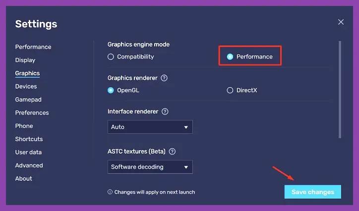 BlueStacks settings menu performance mode and high frame rate toggle
